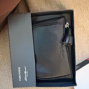 Eddie Bauer Black Leather Zip Coin Pouch with Tassel